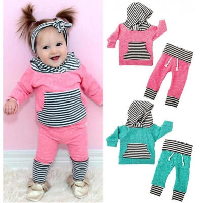 

Striped Toddler Kids Baby Boy Girl Hooded Tops Pants Outfits 2PCS Clothes Set