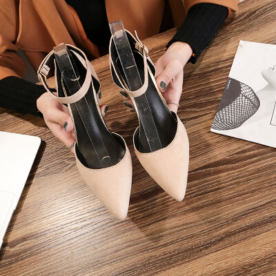 

Shallow pointed single shoe woman 2019 new high heels girl buckle cat heel fine heel with 8cm middle heel