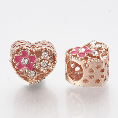 

Alloy Rhinestone European Beads with Enamel Large Hole Beads Hollow Heart HotPink Crystal Rose Gold 105x12x10mm