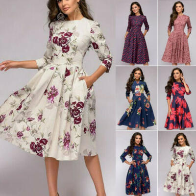 

US Fashion Womens Floral Tunic Flared Midi Dress Round Neck Party Evening Dress