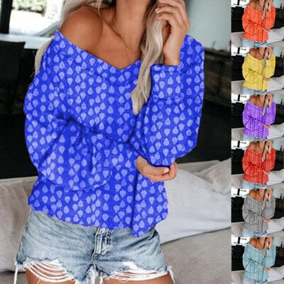 

Wish Amazon 2019 autumn new European&American large size womens printing loose V-neck long-sleeved T-shirt womens shirt Oran