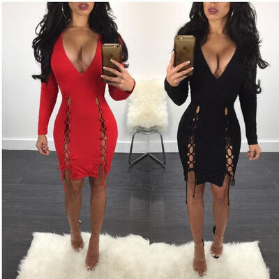 

Deep V- Neck Sexy Women Bandage Bodycon Evening Cocktail Party Club Mini Dress