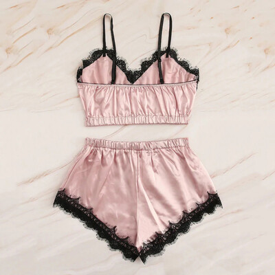 

Gobestart Women Sleepwear Sleeveless Strap Nightwear Lace Trim Satin Cami Top Pajama Sets