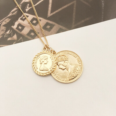 

Gold Color Carved Coin Necklace Figure Medal Long Chain Double Layered Necklace Pendant Personalized Women Choker 2018