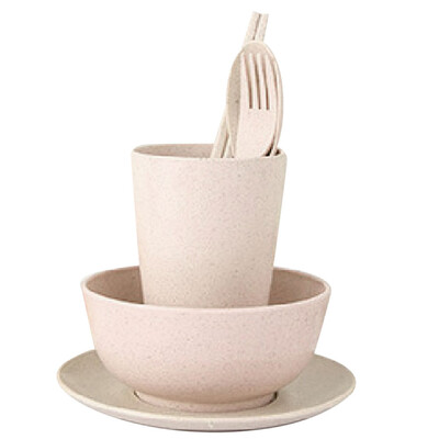 

6pcsset Wheat Straw Outdoor Portable Bowl Cup Spoon Fork Chopsticks Kit Tableware Set
