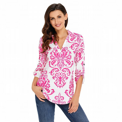 

V-neck long-sleeved Damascus printed casual shirt ladies shirt