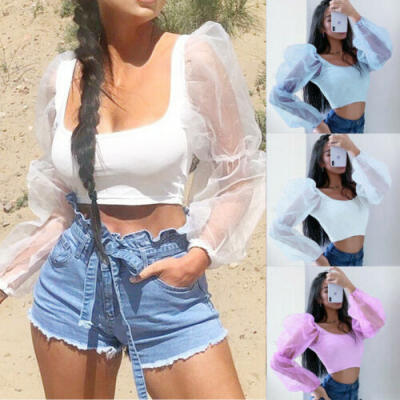 

Fashion Women Sheer Puff Sleeve Elastic Crop Tops Blouse T-Shirts Bandeau Shirts