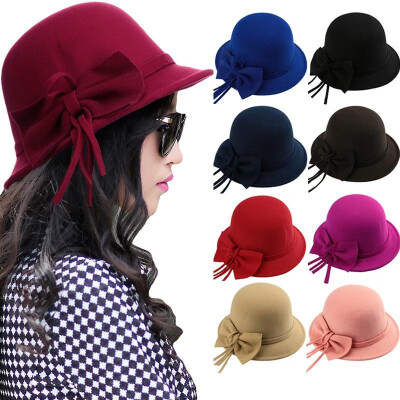 

New Fashion Women Fedora Hat Bowknot Decoration Wool Felt Bowler Derby Hat Cap