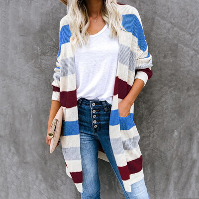 

Toponeto Women Long Sleeve Color Striped Pocket Casual Knitted Outerwear Cardigan Sweater