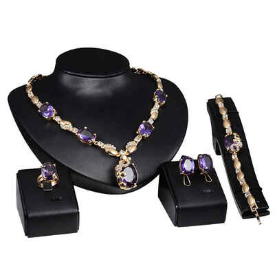 

Exquisite Blue Gemstones Bling Crystal Rhinestone Gold Plating Alloy Bridal Women Jewelry Set