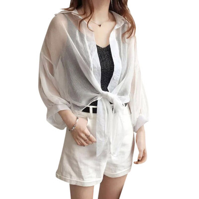 

Shirt Women Blouse Summer Solid Color Sunscreen Tops Casual Long Sleeve Transparent Female Blouse