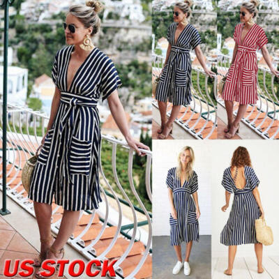 

Women Boho Striped Sundress Summer Holiday Beach Loose V-neck Maxi Midi Dress
