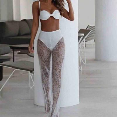 

Womens Beach Pattern Bikini Cover Up Swimwear Transparent Long Pant Trousers