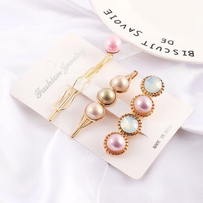 

3pcs KoreaWomen Metal Hairpins Imitation Pearl Colorful Beads Hair Clips Irregular Geometric Hair Styling Accessories