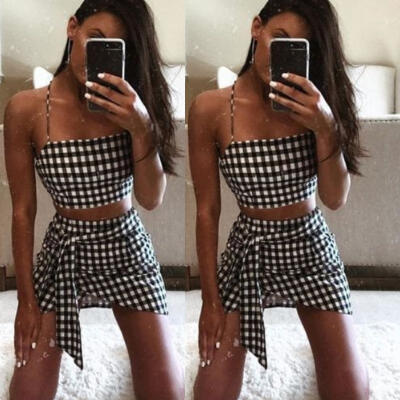 

Plaid Crop Top Skirt Set 2Pcs Checked Cotton Strapless Tops Elastic Waist S-XL