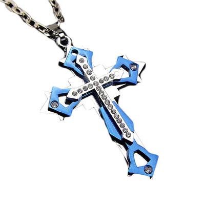 

Men Chain Necklace Punk Style 3 Layer Titanium Steel Filled Clear Crystal Cross Pendant Necklaces Long Sweater Chain