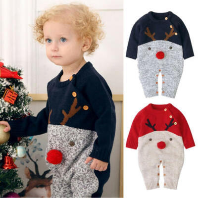 

Newborn Infant Baby Girls Boys Christmas Wool Jumpsuit Romer Xmas Deer Print Top