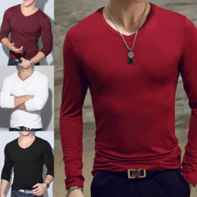 

Fashion Mens Slim Fit V Neck Long Sleeve Muscle Tee T-shirt Casual Tops Blouse