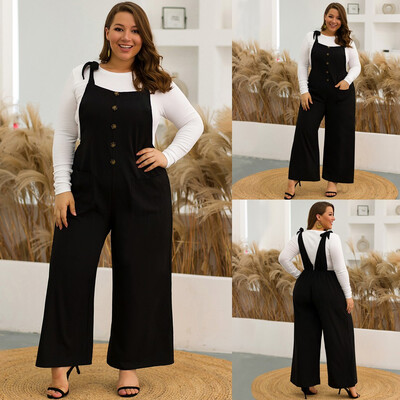 

Gobestart Womens Plus Size Button I-Shoulder Straps Double Pocket Wide Leg Jumpsuit