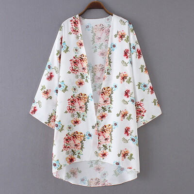 

Casual Women Chiffon Kimono Floral Print 34 Sleeve Vintage Open Cape Cover Up Coat Beach Cardigan