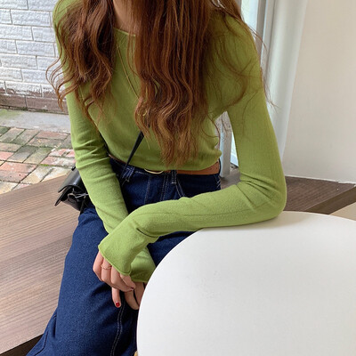 

Simple Casual Solid Color Womens Bottoming Tops Korean Style Round Neck Long-sleeved T-shirts