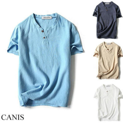 

Men Summer Clothes Cotton Linen T-Shirt Casual Shirt Short Sleeve Breathable Tee