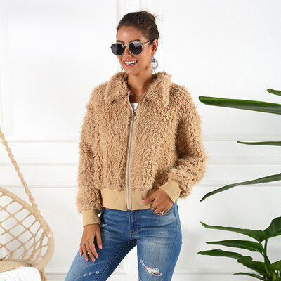

Winter Warm Women Short Jacket Coat Lapel Long Sleeve Zipper Outwear Plus Size