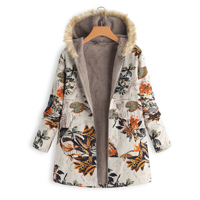 

Toponeto Women Fur Collar Zipper And Velvet Printed Cardigan Long Button Coat Outwear