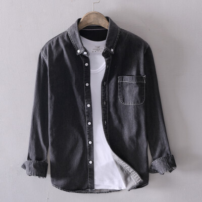 

Mens thin Lapel denim shirt long sleeve cotton casual shirt