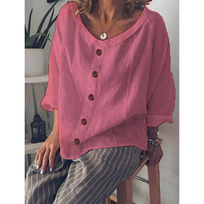 

Nomeni Women Fashion Loose Cotton Linen Button Solid Daily Casual Shirt Blouse Tops