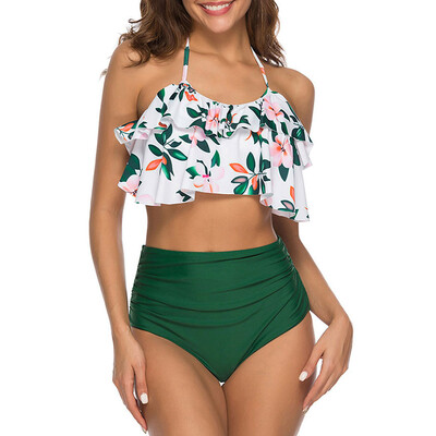 

Flower Print Halter Flounce Bikini Set