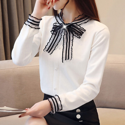 

Autumn 3 Solid Colors Ruffled Women Knit Shirt Korean Style Sweet Cute Bow Long Sleeve Blouse Female Tops