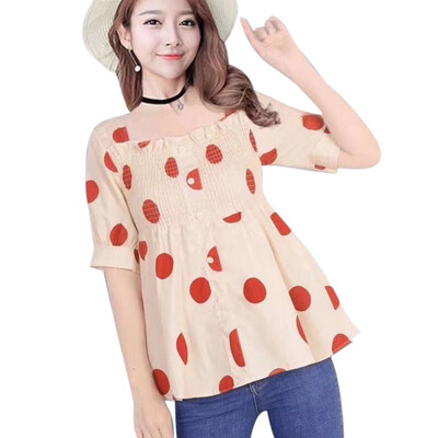 

New Women Blouse Fashion Polka Dot Print Short Sleeve Shirt Casual Loose Square Collar Button Ruffles Blouses Basic Tops