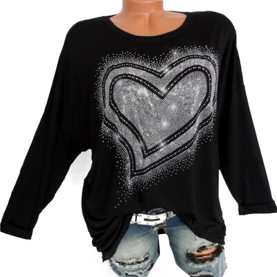

2019 Fashion Women Diamond O-neck Long sleeves Loose T-shirt