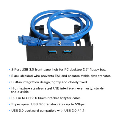 

USB 30 Front Panel Hub 2 Port Expansion Bay 20 Pin to USB30 60cm Bracket Adapter Cable for PC Desktop 25" Floppy Bay