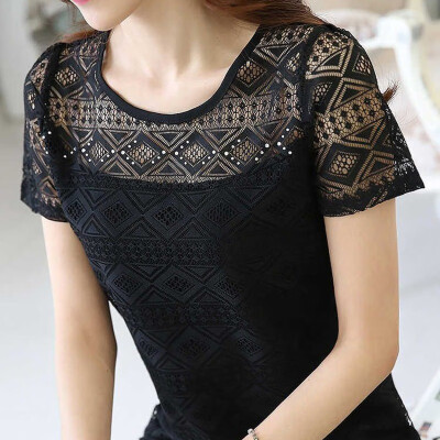 

Womens Fashion Short Sleeve Lace Hollow Out Blouses T Shirts