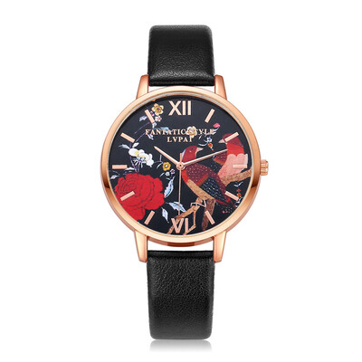 

Luxury Women Watches Red Rose Pattern Dial Ladies Quartz Wristwatch Simple Leather Strap Clock Casual Dress Relogio Feminino