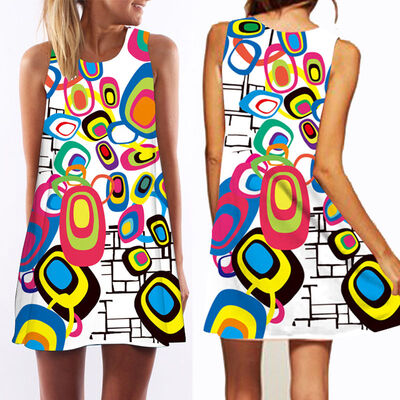 

Womens Boho Floral Sleeveless Ladies Summer Beach Loose Mini Dress Long Top