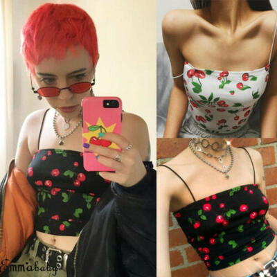 

Women Cherry Print Tank Top Vest Blouse Sleeveless Summer Crop Top Shirt Cami