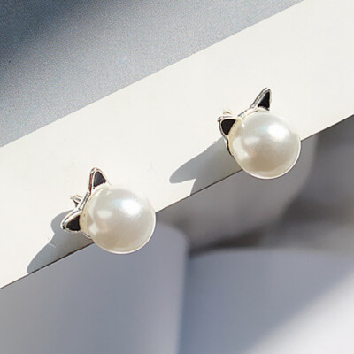 

2 Fashion Jewelry Simulated Pearl Stud Earrings Sweet Cute Cat Ear Design Stud Earrings For Women Korean Style