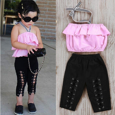 

2Pcs Kids Girls Toddler Halter Tops Shirt Elastic Pants Outfits Set Clothes 1-6T