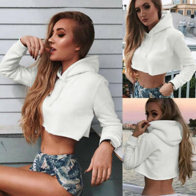 New Women Long Sleeve Hoodie Loose Pullover Sweatshirt Jumper Workout Crop Tops