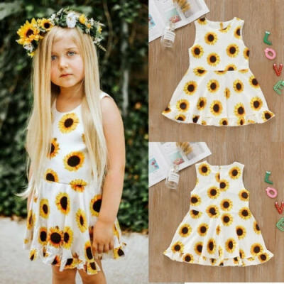 

Summer Kids Baby Girl Sleeveless Sunflower Party Dress Sundress Outfits Set