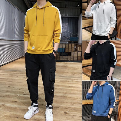 

Cang feminine mens 2019 new tide brand stitching mens loose hooded sweater coat autumn round neck sweater men black
