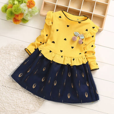 

Spring Kids Girls Casual Long Sleeve Dress Costume Baby Heart Pattern Children Cotton Dresses