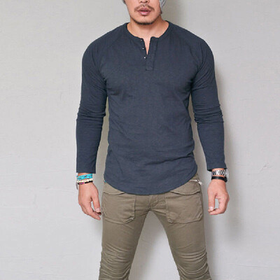 

Mens Casual Solid V Neck Slim Fit Tops T Shirt Long Sleeves Button Muscle Tee