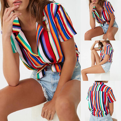 

Starmoon Women V-neck Shirt Casual Short Sleeve T Shirt Ladies Printed Striped Blouse