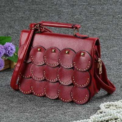 

Women Small Shoulder Bag PU Leather Rivet Round Panel Flap Front Shoulder Strap Casual Handbag Crossbody Bag