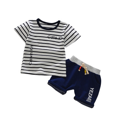 

Summer Toddler Boy Striped Letter Print Short Sleeve Cotton T-shirt Shorts Pants 2 Piece Suit Set