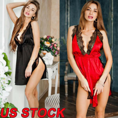 

New Women V-neck Satin Silk Lace Lingerie Pajama Night Dress Nightgown Sleepwear